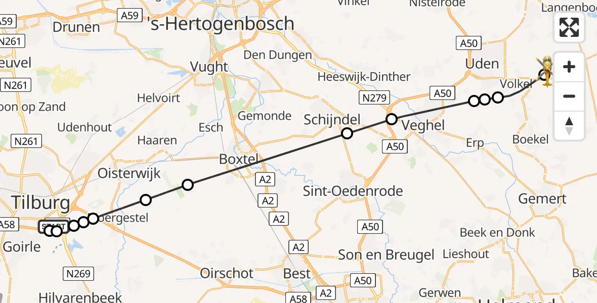 Vluchtroute Traumahelikopter van St. Elisabeth Hospital Heliport naar Vliegbasis Volkel