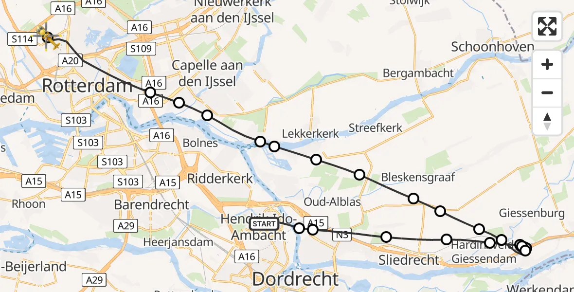 Vluchtroute Traumahelikopter van Hendrik-Ido-Ambacht naar Rotterdam The Hague Airport