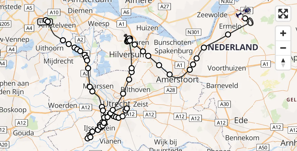 Vluchtroute Politiehelikopter van Amsterdam Vliegveld Schiphol naar Harderwijk