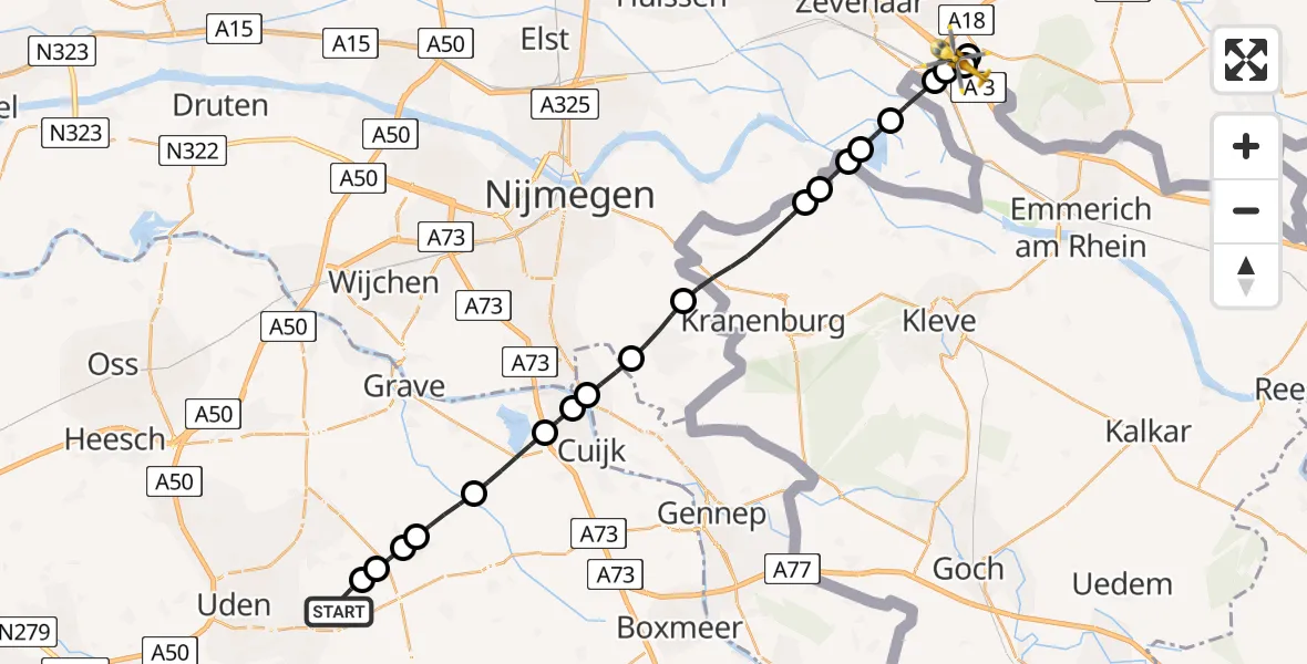 Vluchtroute Traumahelikopter van Vliegbasis Volkel naar Babberich