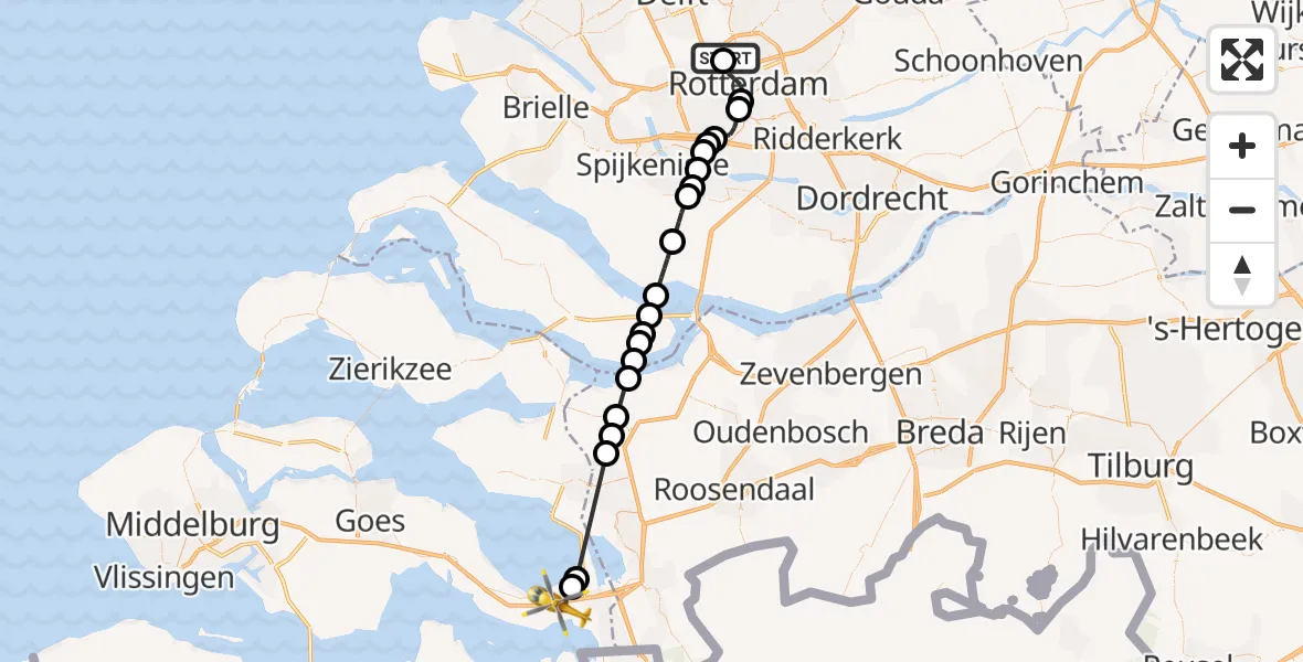 Vluchtroute Traumahelikopter van Rotterdam The Hague Airport naar Rilland