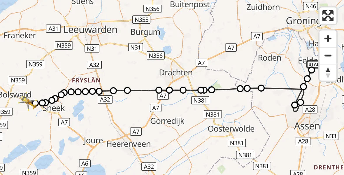 Vluchtroute Traumahelikopter van Groningen Airport Eelde naar Wolsum