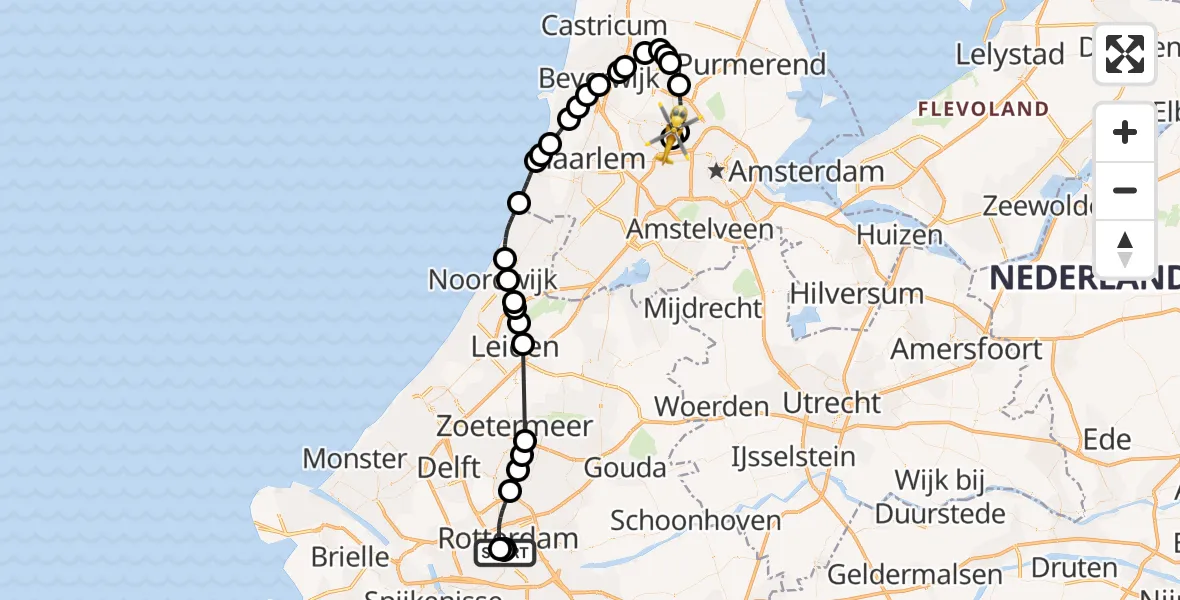 Vluchtroute Traumahelikopter van Leids Universitair Medisch Centrum (LUMC) naar Amsterdam Heliport
