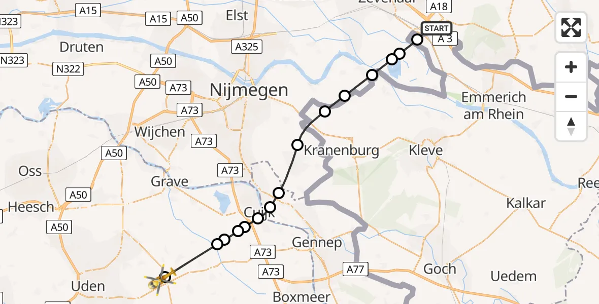 Vluchtroute Traumahelikopter van Babberich naar Vliegbasis Volkel