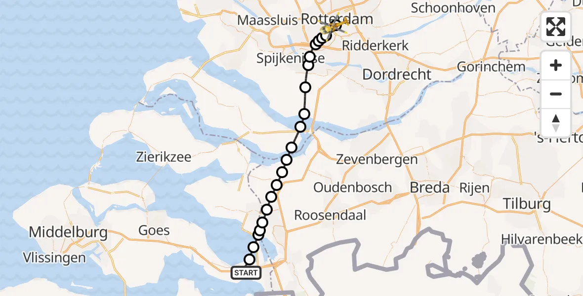 Vluchtroute Traumahelikopter van Rilland naar Leids Universitair Medisch Centrum (LUMC)