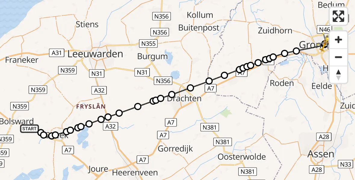 Vluchtroute Traumahelikopter van Nijland naar Universitair Medisch Centrum Groningen