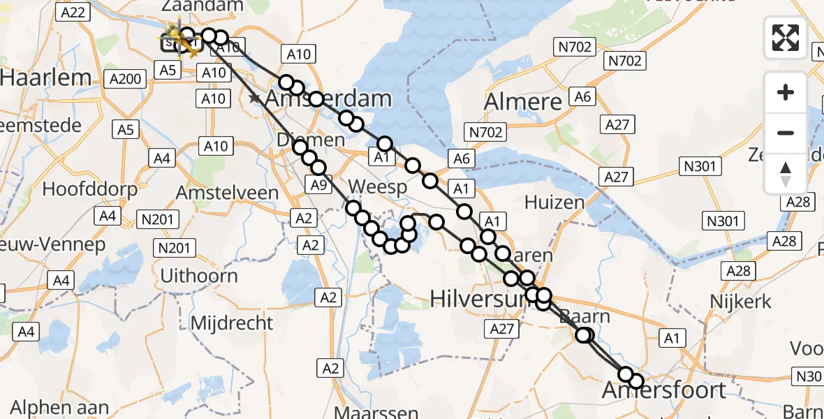 Vluchtroute Traumahelikopter van Amsterdam Heliport naar Amsterdam Heliport