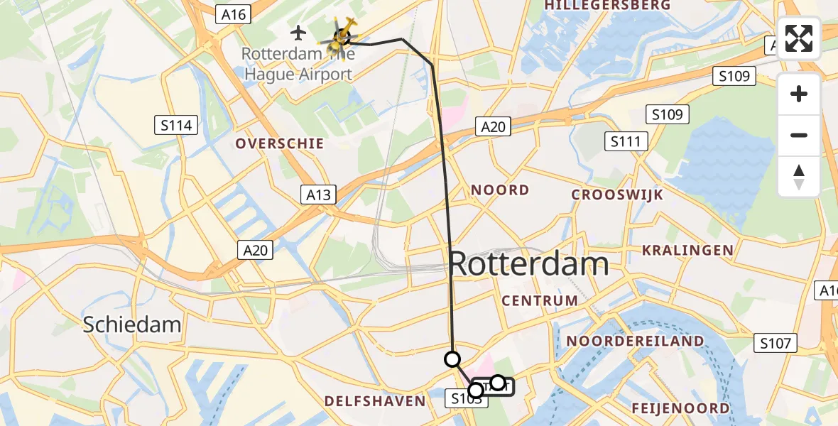 Vluchtroute Traumahelikopter van Leids Universitair Medisch Centrum (LUMC) naar Rotterdam The Hague Airport