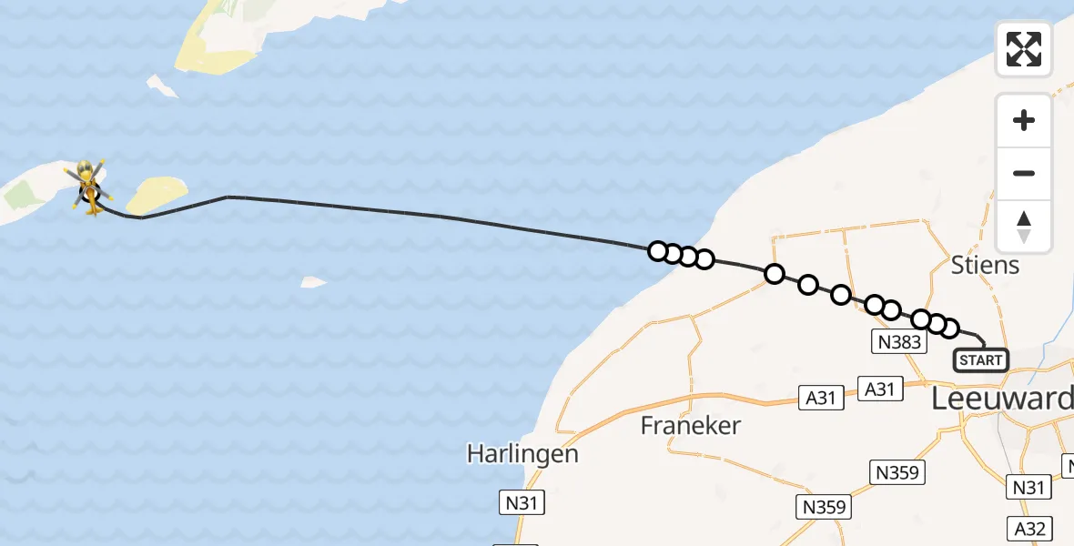 Vluchtroute Ambulancehelikopter van Vliegbasis Leeuwarden naar Vlieland Heliport