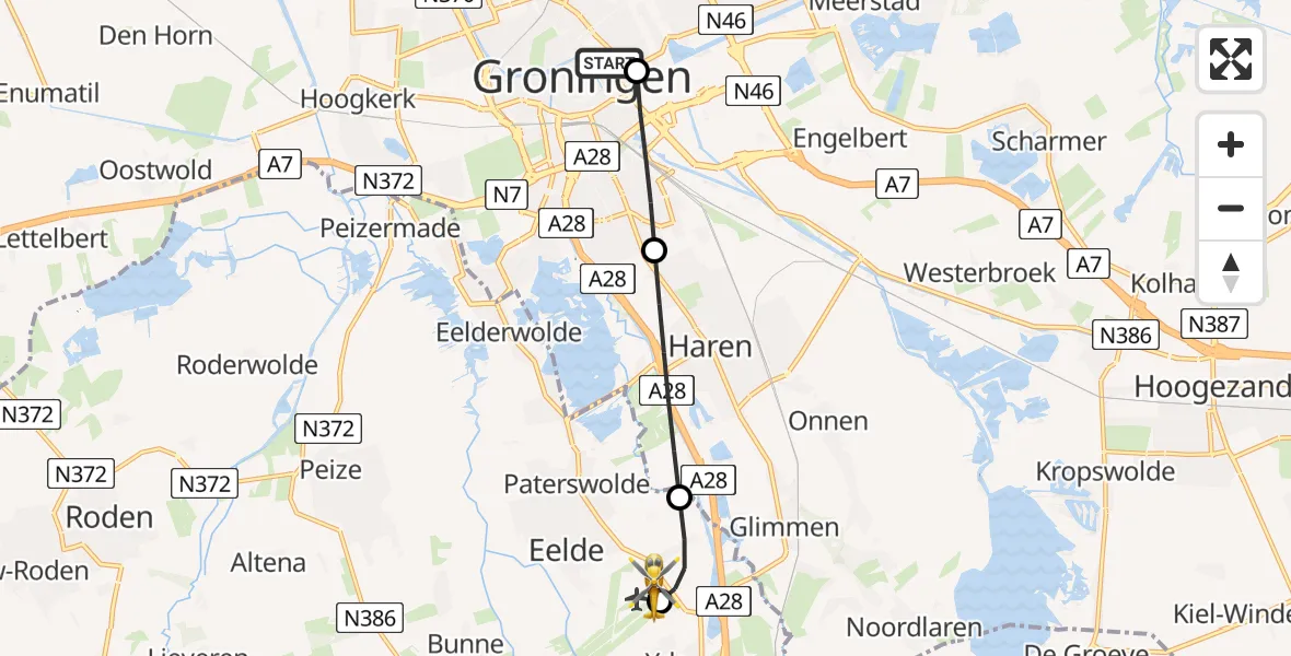 Vluchtroute Traumahelikopter van Universitair Medisch Centrum Groningen naar Groningen Airport Eelde