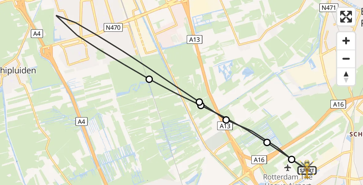 Vluchtroute Traumahelikopter van Rotterdam The Hague Airport naar Rotterdam The Hague Airport