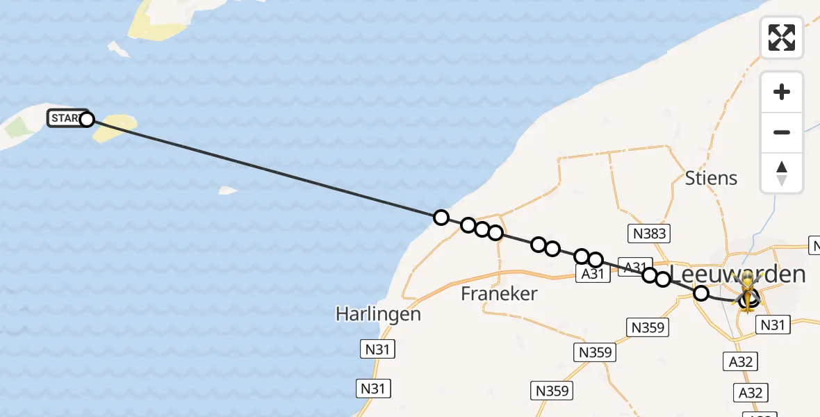 Vluchtroute Ambulancehelikopter van Vlieland Heliport naar Leeuwarden Medical Center Heliport