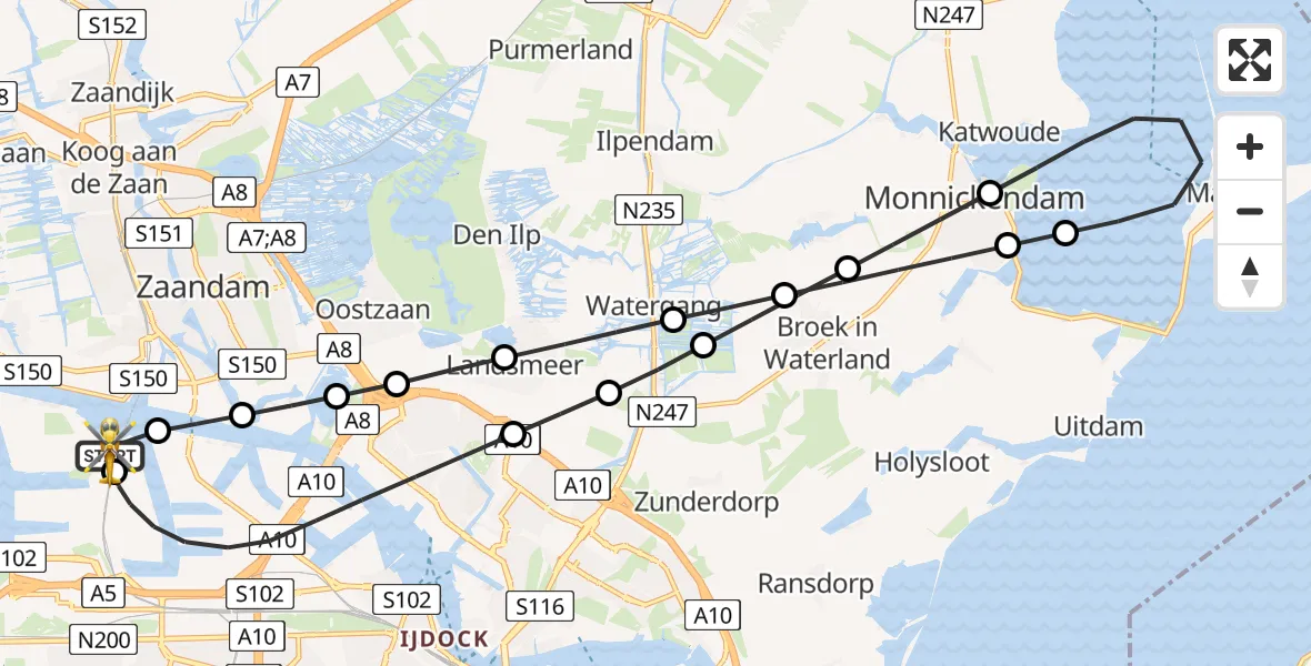 Vluchtroute Traumahelikopter van Amsterdam Heliport naar Amsterdam Heliport