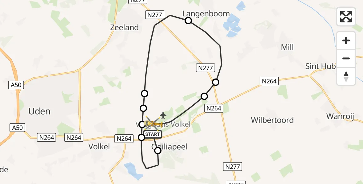 Vluchtroute Traumahelikopter van Vliegbasis Volkel naar Vliegbasis Volkel