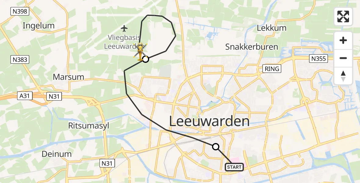 Vluchtroute Ambulancehelikopter van Leeuwarden Medical Center Heliport naar Vliegbasis Leeuwarden