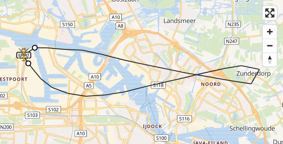 Vluchtroute Traumahelikopter van Amsterdam Heliport naar Amsterdam Heliport