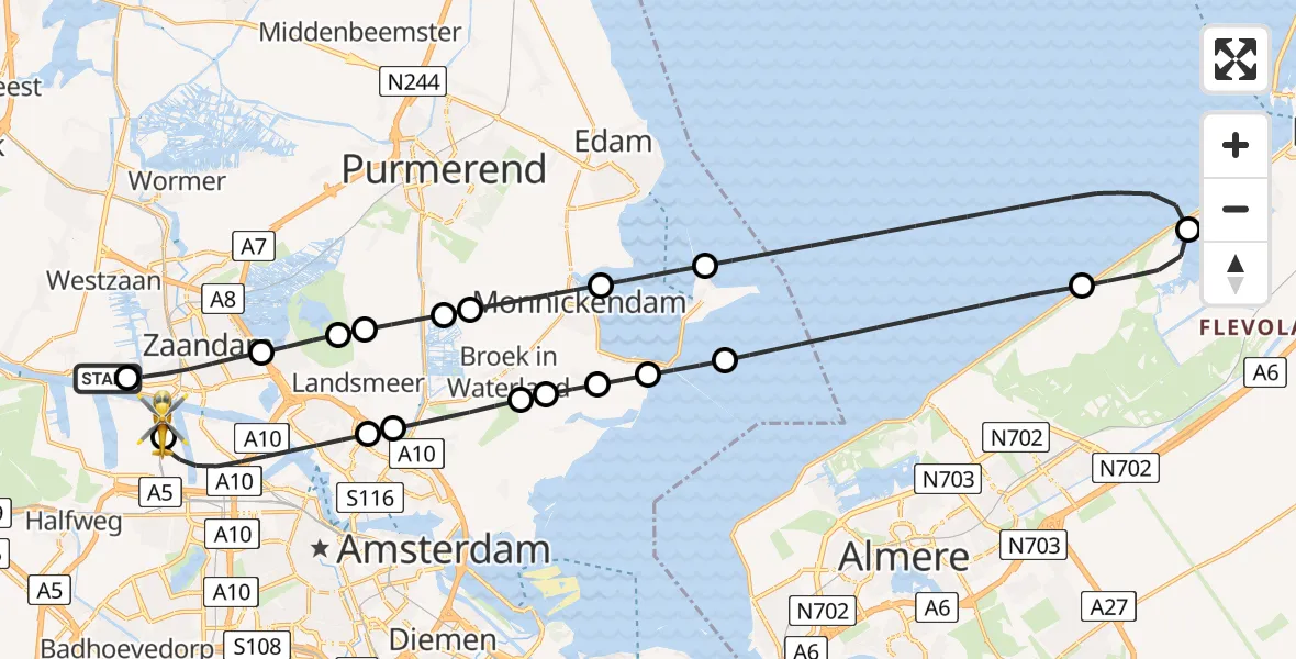 Vluchtroute Traumahelikopter van Westzaan naar Amsterdam Heliport