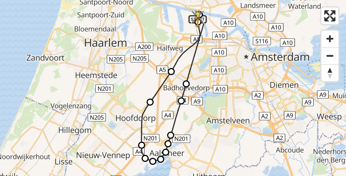 Vluchtroute Traumahelikopter van Amsterdam Heliport naar Amsterdam Heliport