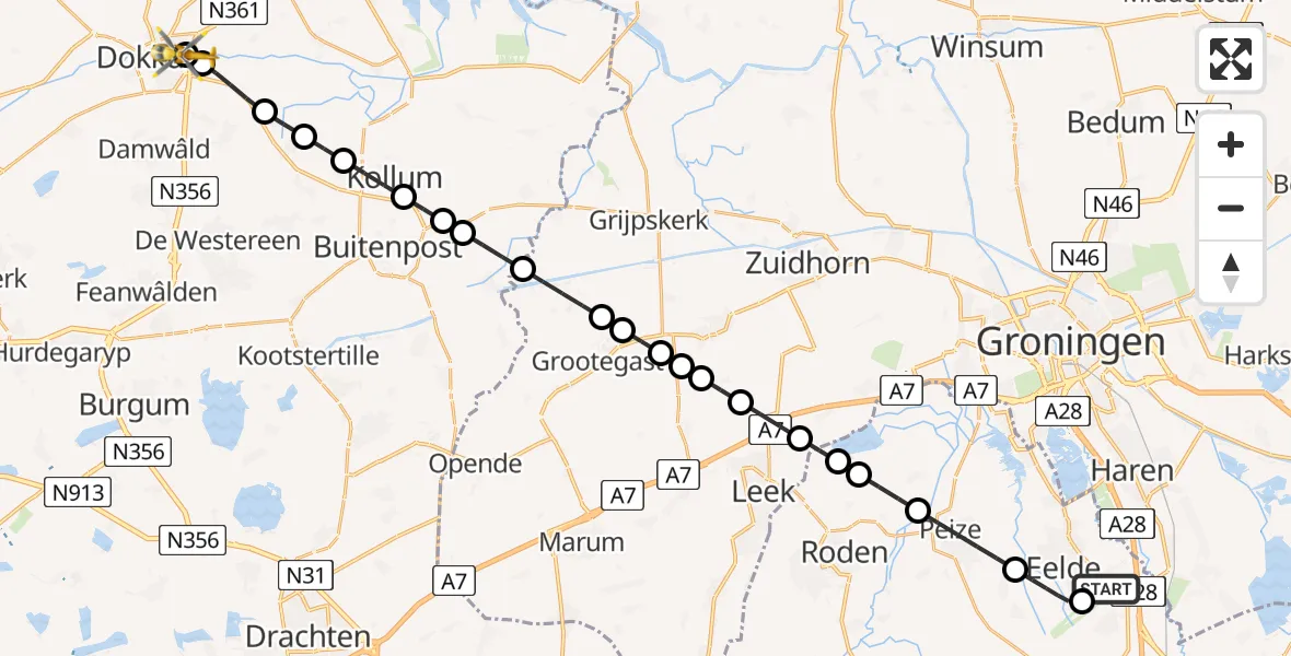 Vluchtroute Traumahelikopter van Groningen Airport Eelde naar Dokkum