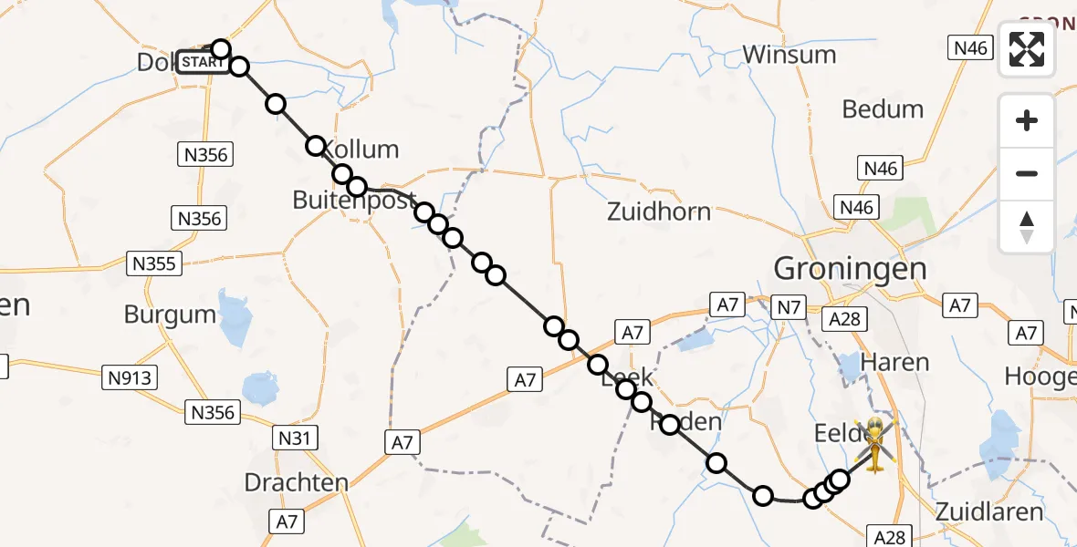 Vluchtroute Traumahelikopter van Dokkum naar Groningen Airport Eelde