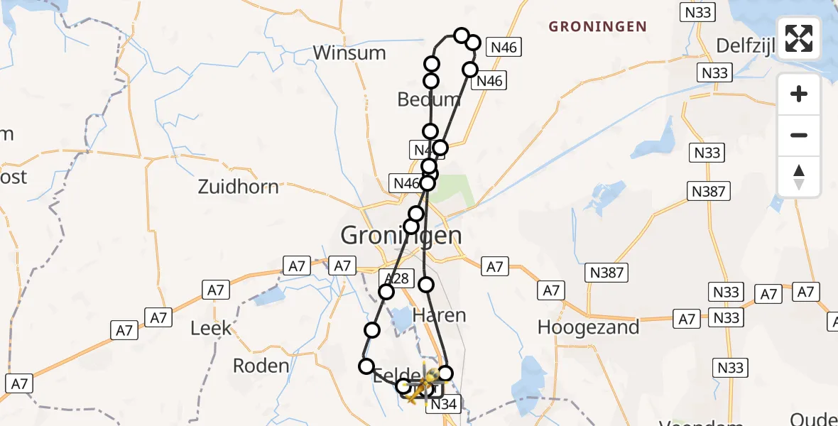 Vluchtroute Traumahelikopter van Groningen Airport Eelde naar Groningen Airport Eelde