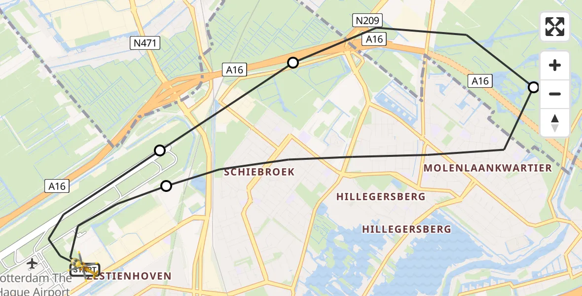 Vluchtroute Traumahelikopter van Rotterdam The Hague Airport naar Rotterdam The Hague Airport