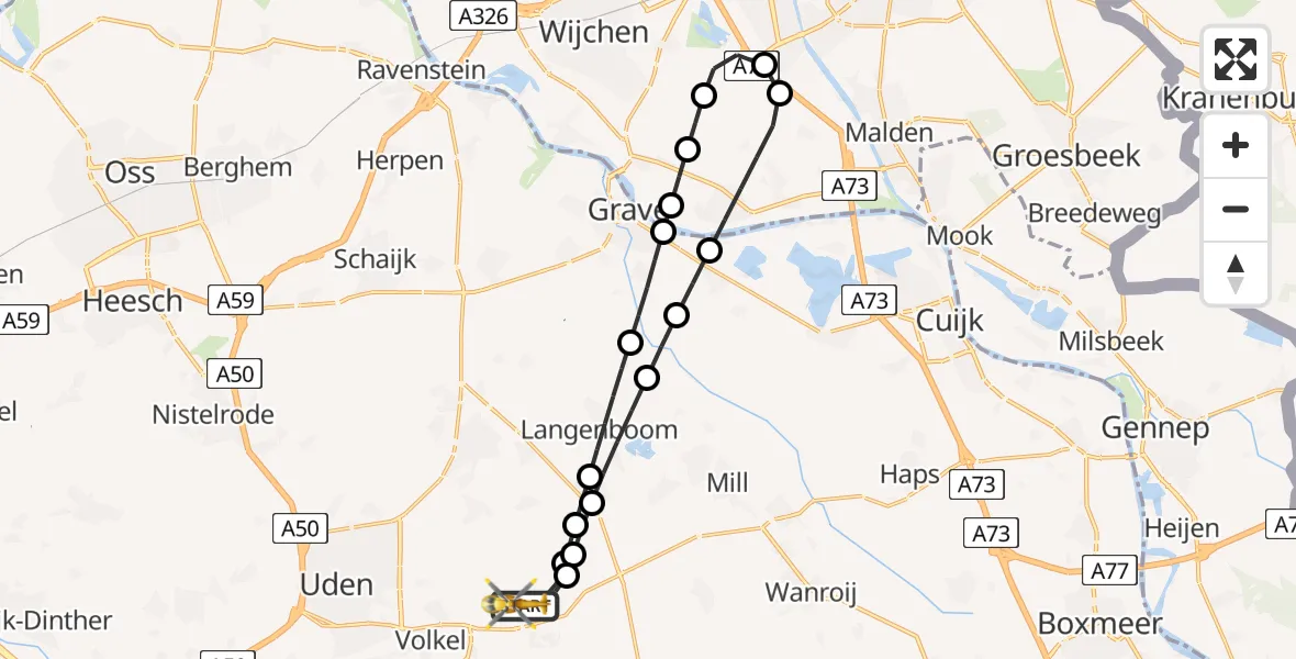 Vluchtroute Traumahelikopter van Vliegbasis Volkel naar Vliegbasis Volkel