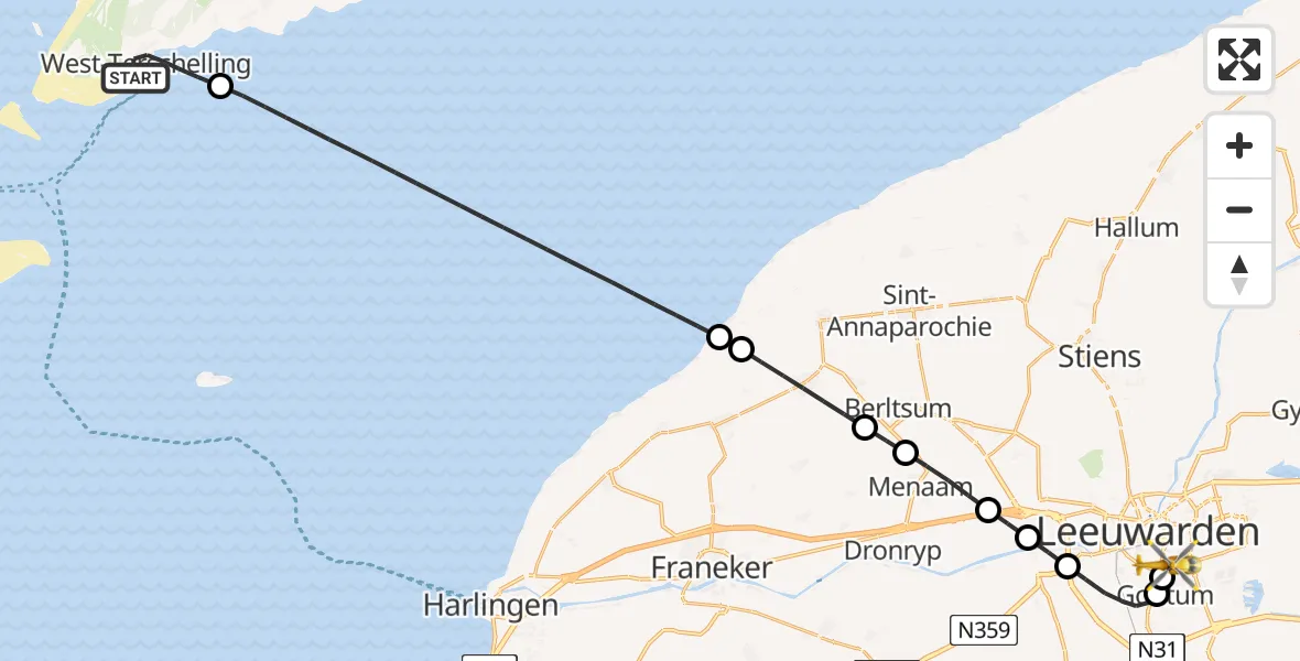 Vluchtroute Ambulancehelikopter van West-Terschelling naar Leeuwarden Medical Center Heliport