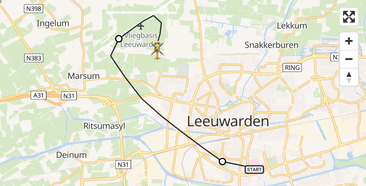 Vluchtroute Ambulancehelikopter van Leeuwarden Medical Center Heliport naar Vliegbasis Leeuwarden