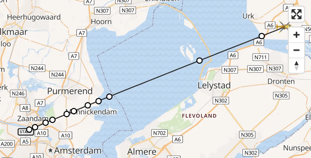 Vluchtroute Traumahelikopter van Amsterdam Heliport naar Nagele