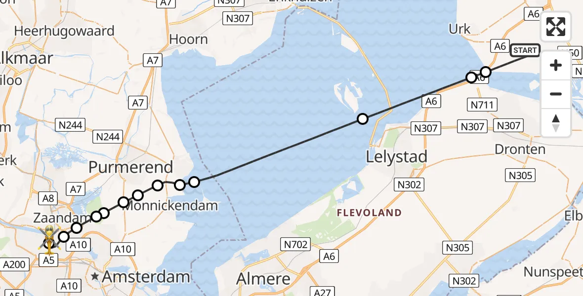 Vluchtroute Traumahelikopter van Nagele naar Amsterdam Heliport