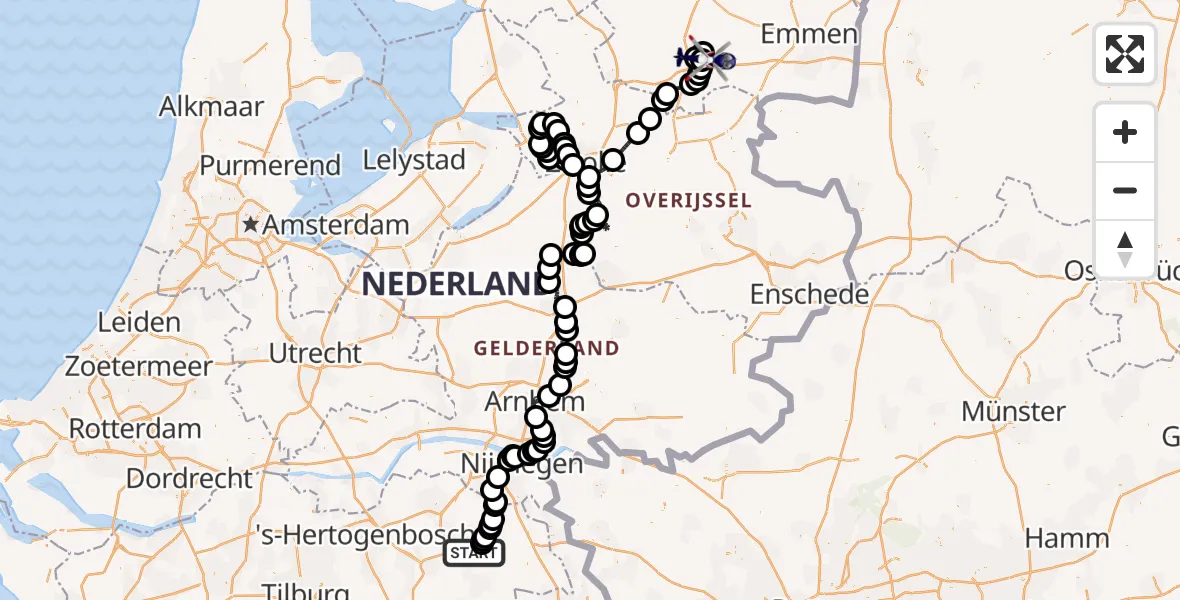 Vluchtroute Politiehelikopter van Vliegbasis Volkel naar Vliegveld Hoogeveen