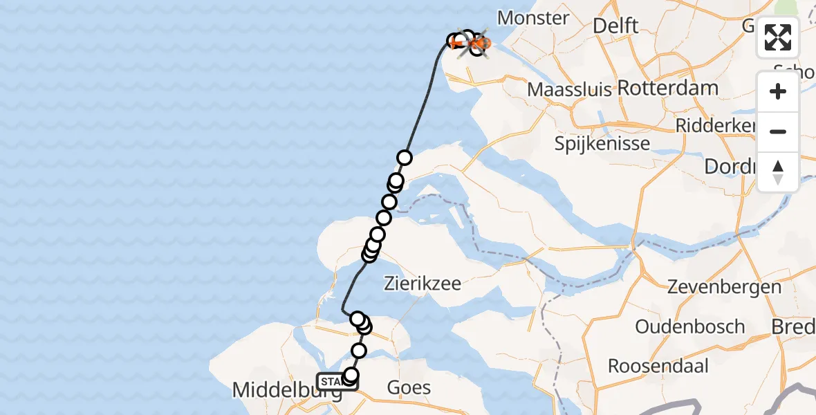Vluchtroute Kustwachthelikopter van Vliegveld Midden-Zeeland naar Maasvlakte Rotterdam