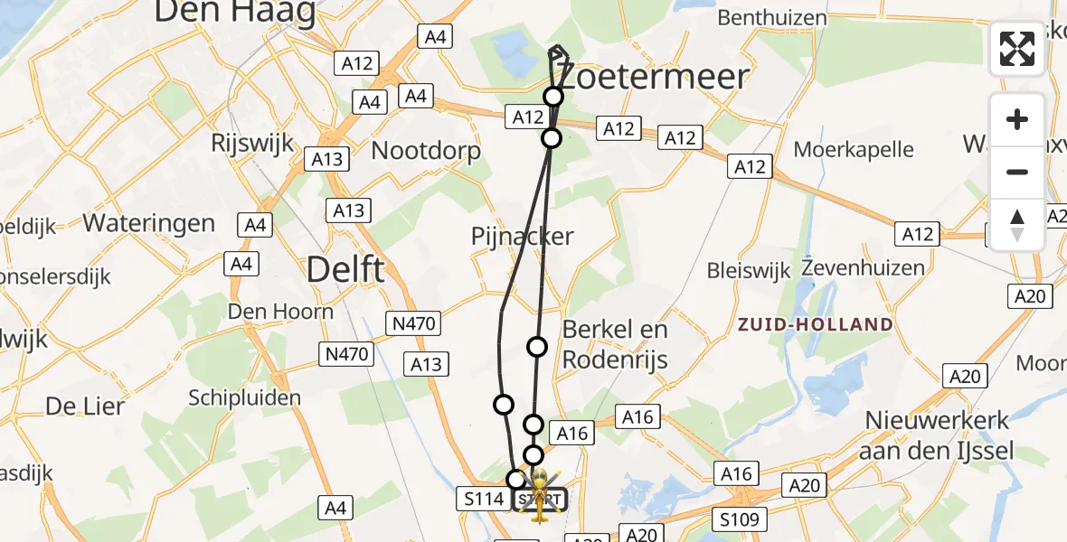 Vluchtroute Traumahelikopter van Rotterdam The Hague Airport naar Rotterdam The Hague Airport