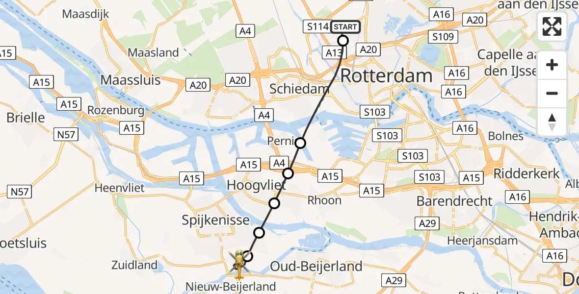 Vluchtroute Traumahelikopter van Rotterdam The Hague Airport naar Hekelingen