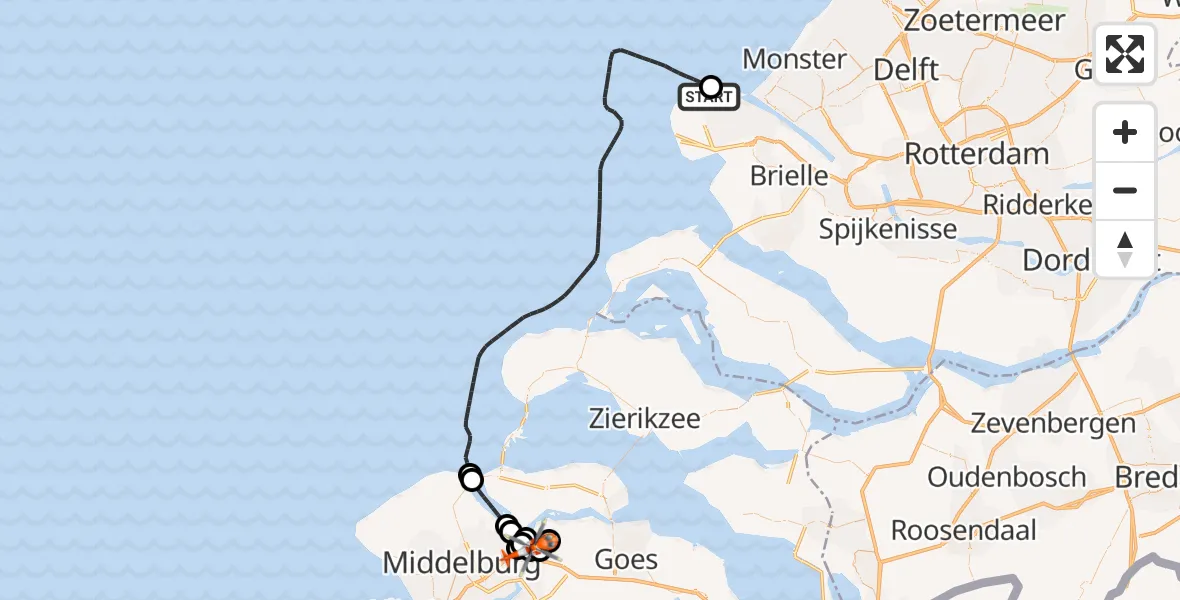 Vluchtroute Kustwachthelikopter van Maasvlakte Rotterdam naar Vliegveld Midden-Zeeland