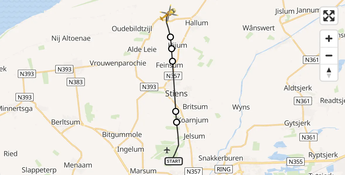 Vluchtroute Ambulancehelikopter van Vliegbasis Leeuwarden naar Hallum