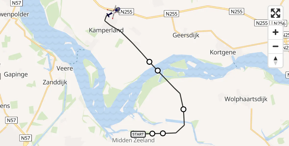 Vluchtroute Politiehelikopter van Vliegveld Midden-Zeeland naar Kamperland