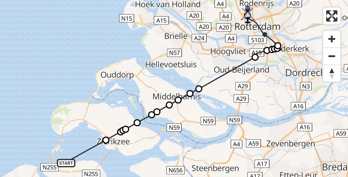 Vluchtroute Politiehelikopter van Oosterschelde naar Rotterdam The Hague Airport