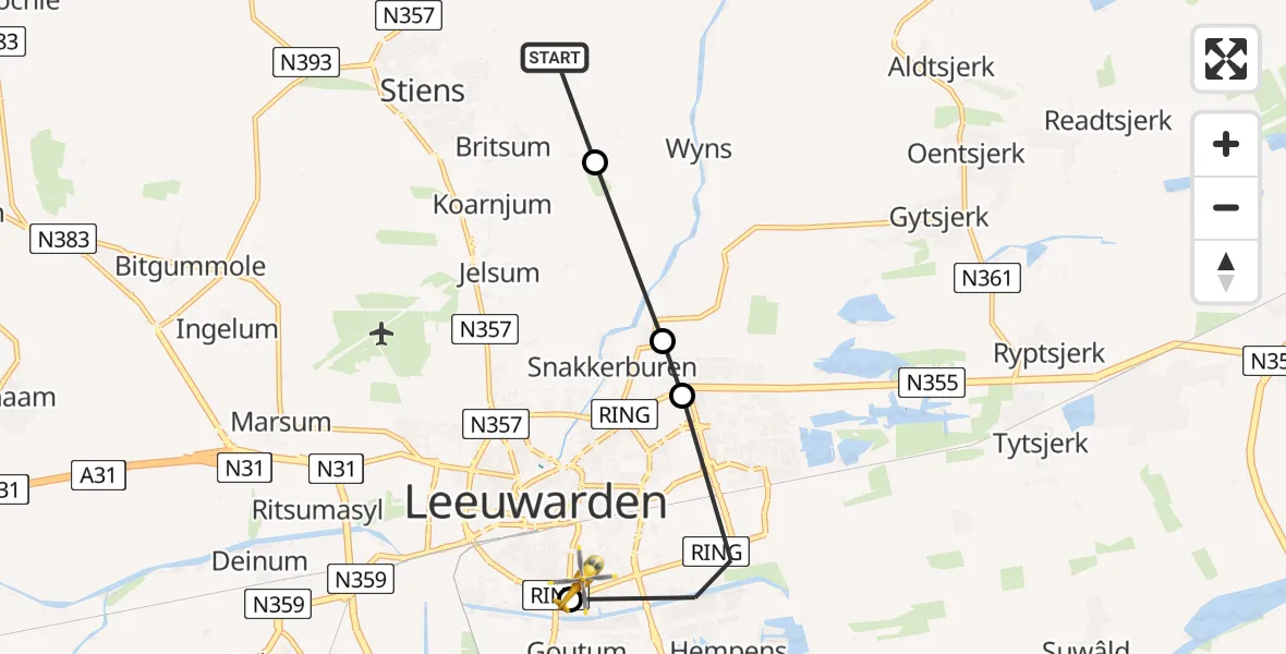 Vluchtroute Ambulancehelikopter van Stiens naar Leeuwarden Medical Center Heliport