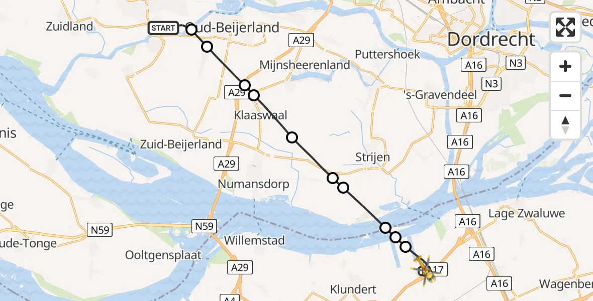 Vluchtroute Traumahelikopter van Hekelingen naar Moerdijk