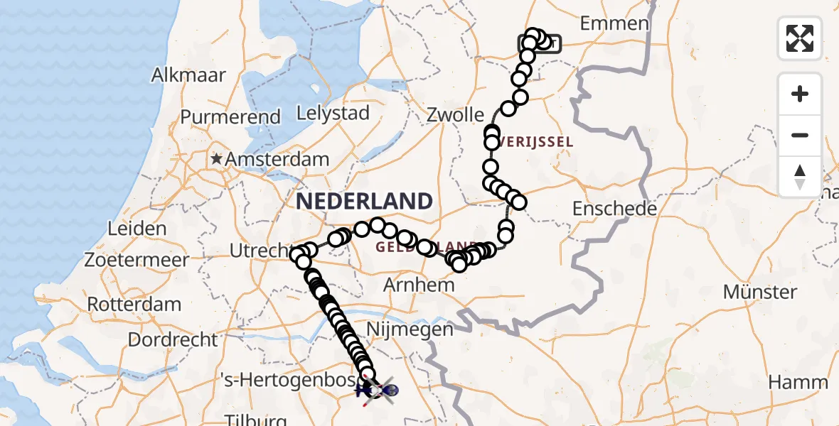 Routekaart van de vlucht: Politiehelikopter naar Vliegbasis Volkel