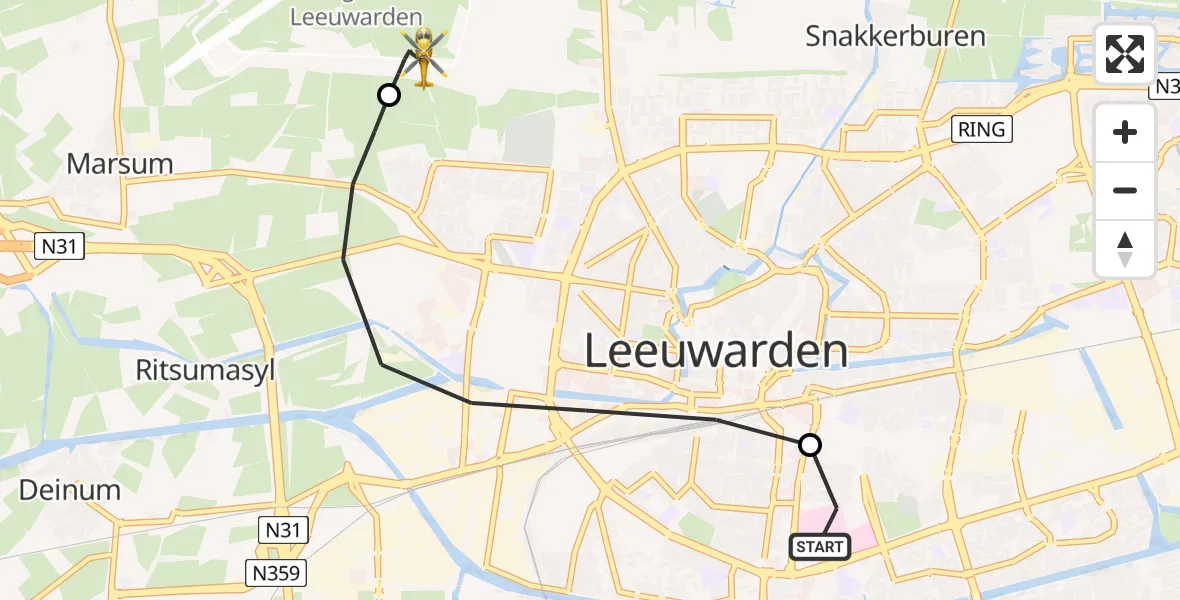 Vluchtroute Ambulancehelikopter van Leeuwarden Medical Center Heliport naar Vliegbasis Leeuwarden