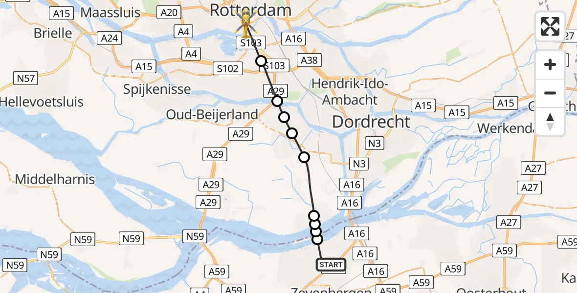 Vluchtroute Traumahelikopter van Moerdijk naar Erasmus MC