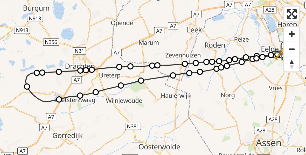 Vluchtroute Traumahelikopter van Groningen Airport Eelde naar Groningen Airport Eelde