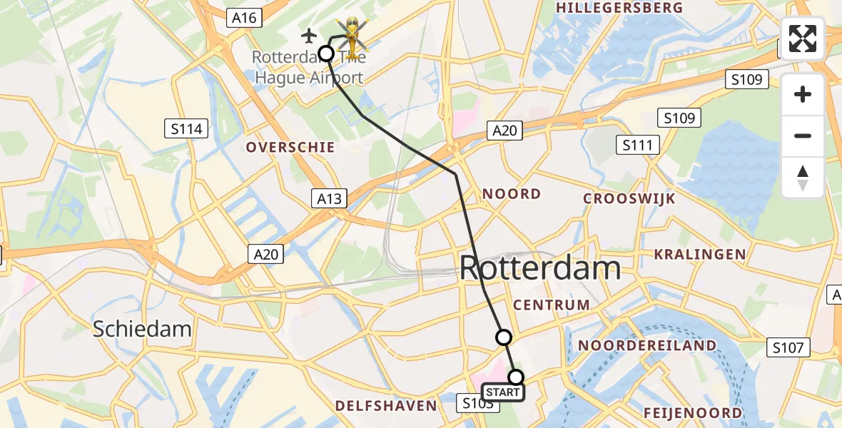 Vluchtroute Traumahelikopter van Erasmus MC naar Rotterdam The Hague Airport