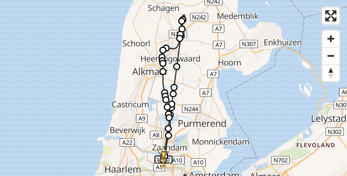 Vluchtroute Traumahelikopter van Amsterdam Heliport naar Amsterdam Heliport
