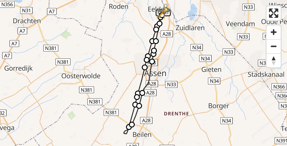 Vluchtroute Traumahelikopter van Groningen Airport Eelde naar Groningen Airport Eelde