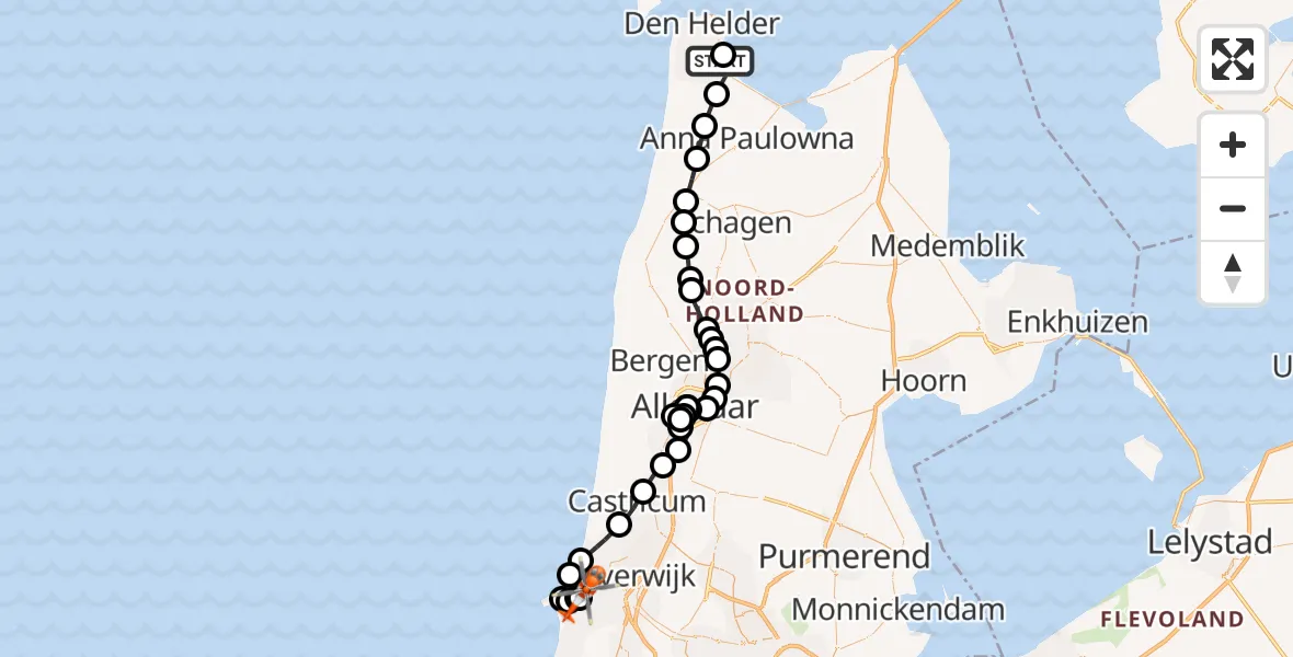 Vluchtroute Kustwachthelikopter van Militair vliegveld De Kooy / Den Helder Airport naar IJmuiden Heliport