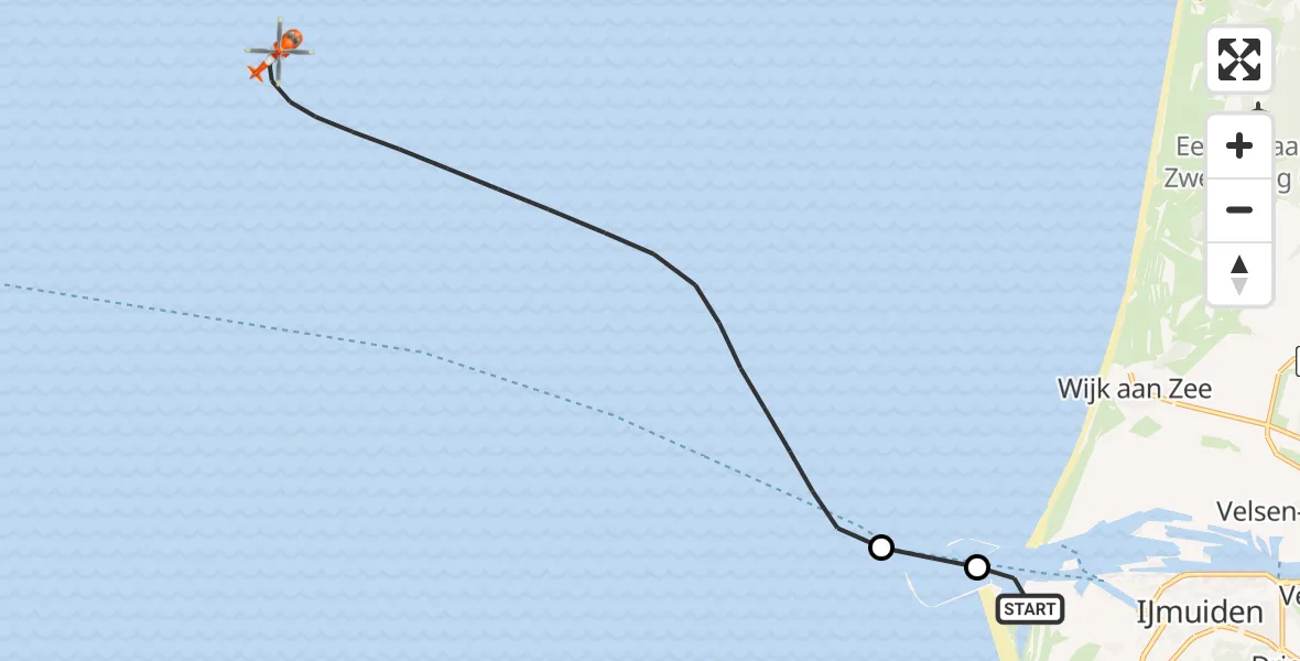 Vluchtroute Kustwachthelikopter van IJmuiden naar Noordzee